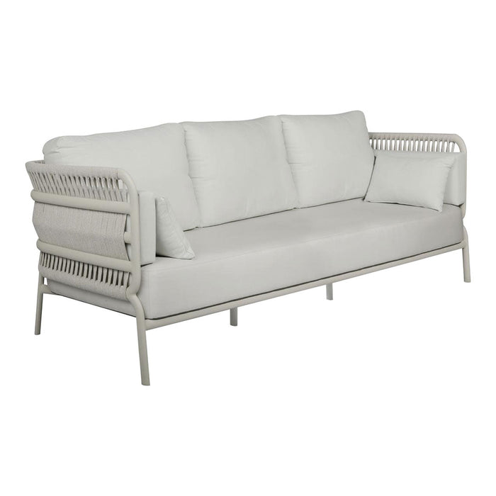 Light gray modern sofa with minimalist design and soft cushions, featuring a sleek metal frame and clean lines.