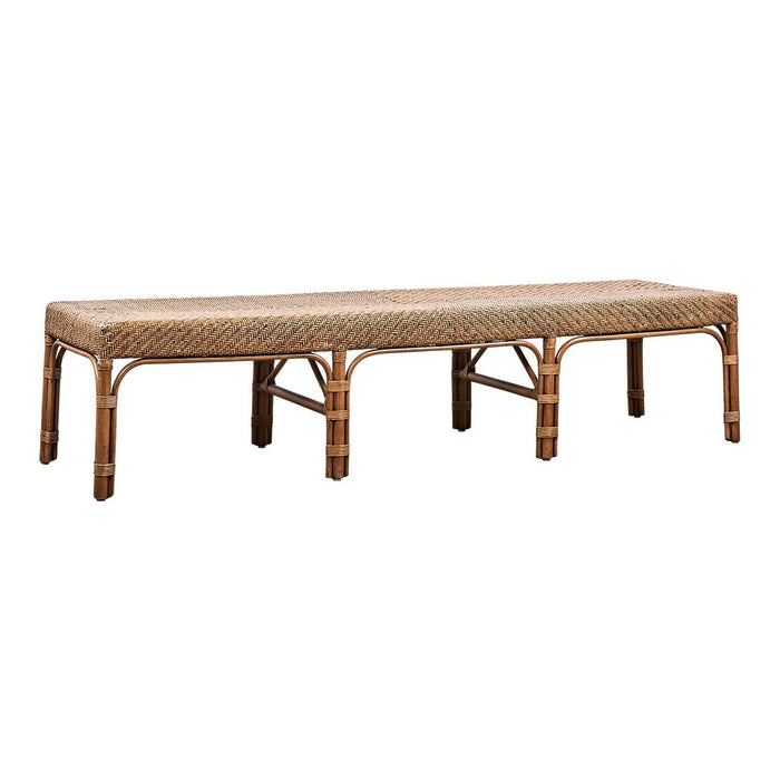 Natural woven rattan bench in warm brown tones with a sleek, minimalist design and intricate pattern.