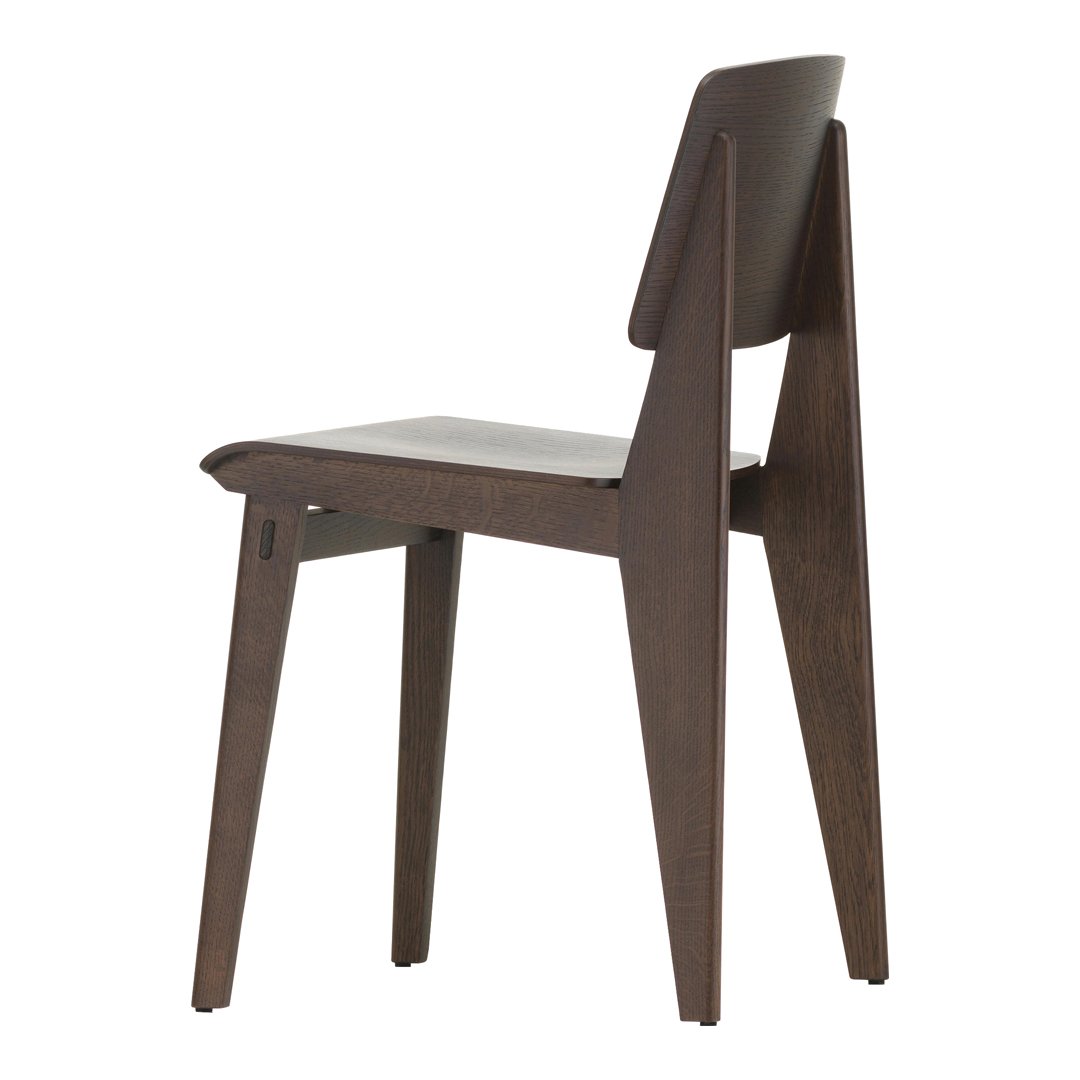 Dark brown wooden chair with a sleek, minimalist design and angular legs. Perfect for modern decor.