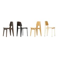 Set of four modern chairs in dark brown, light brown, beige, and cream, featuring smooth, minimalist designs.
