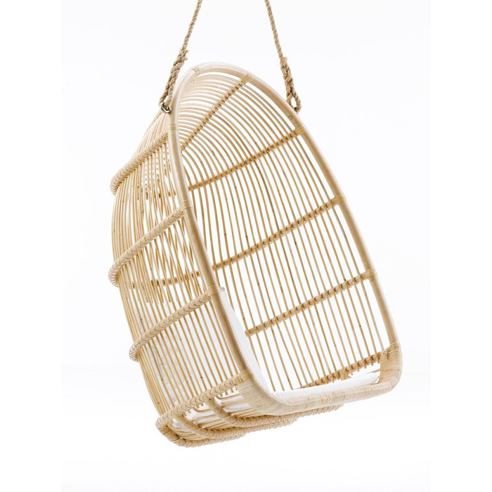 Natural woven bamboo hanging basket in a light beige color with a geometric open pattern. Perfect for decor.
