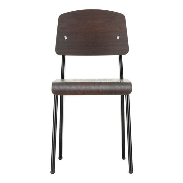 Brown wood chair with black metal legs, featuring a simple, contemporary design and smooth finish.