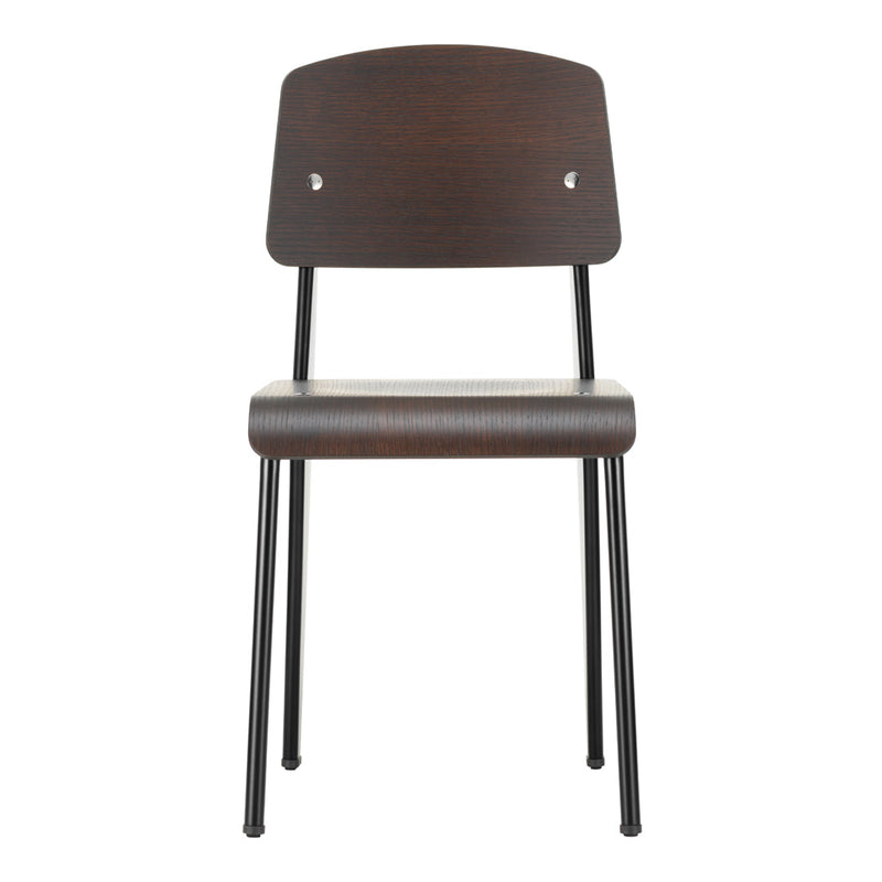 Brown wood chair with black metal legs, featuring a simple, contemporary design and smooth finish.
