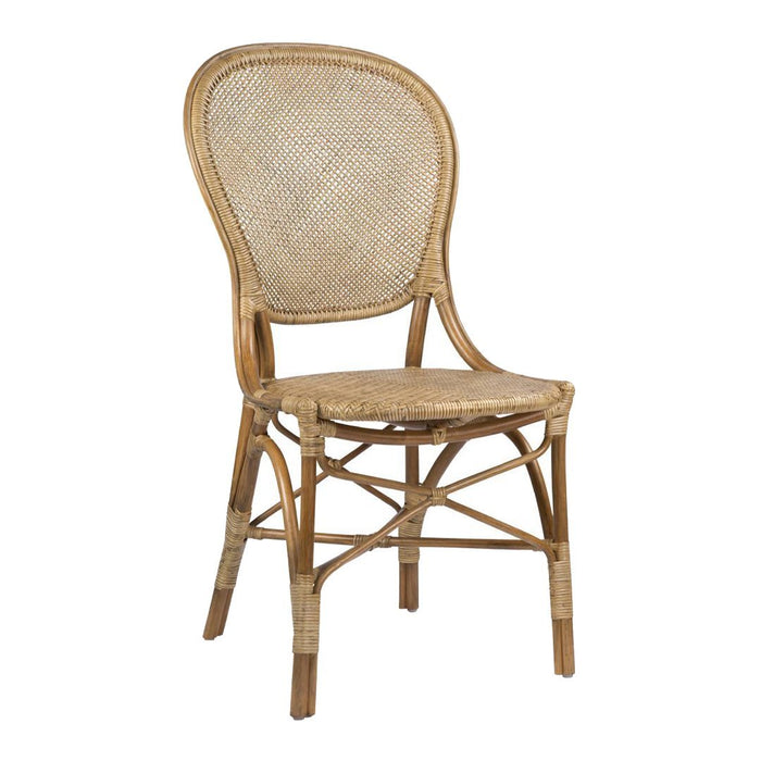 Natural rattan dining chair with a woven seat and backrest, featuring a light brown finish and intricate pattern details.
