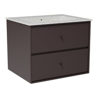 Dark brown vanity cabinet with a speckled white countertop, featuring two sleek drawers for storage.