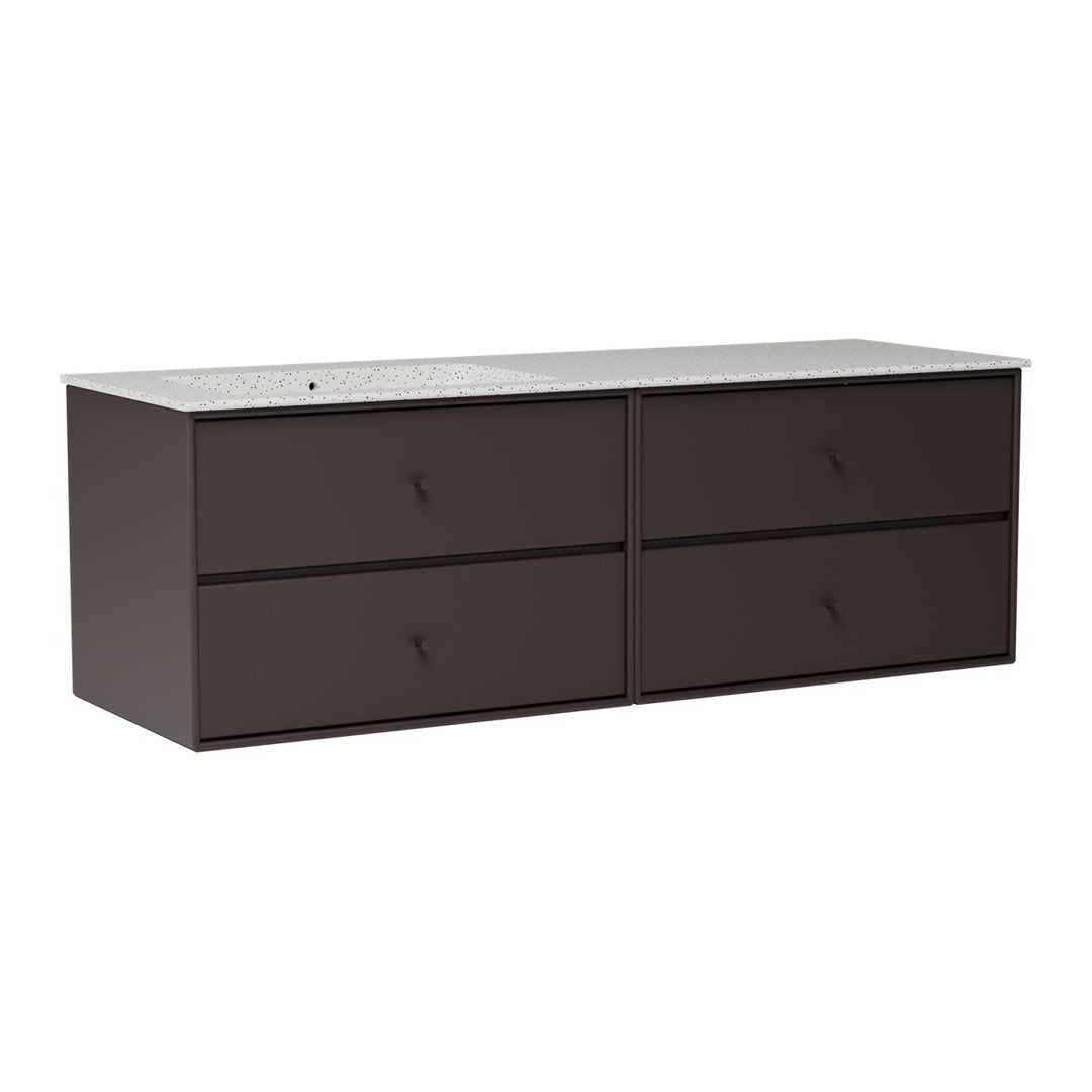 Brown four-drawer storage cabinet with a smooth gray countertop, minimalist design, and sleek handleless drawers.