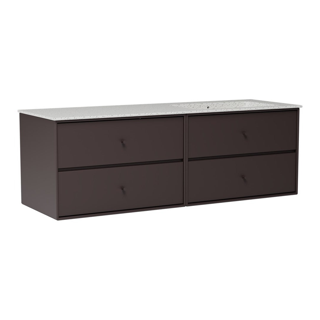 Dark brown dresser with four drawers and a sleek surface. Simple, modern design perfect for any room.