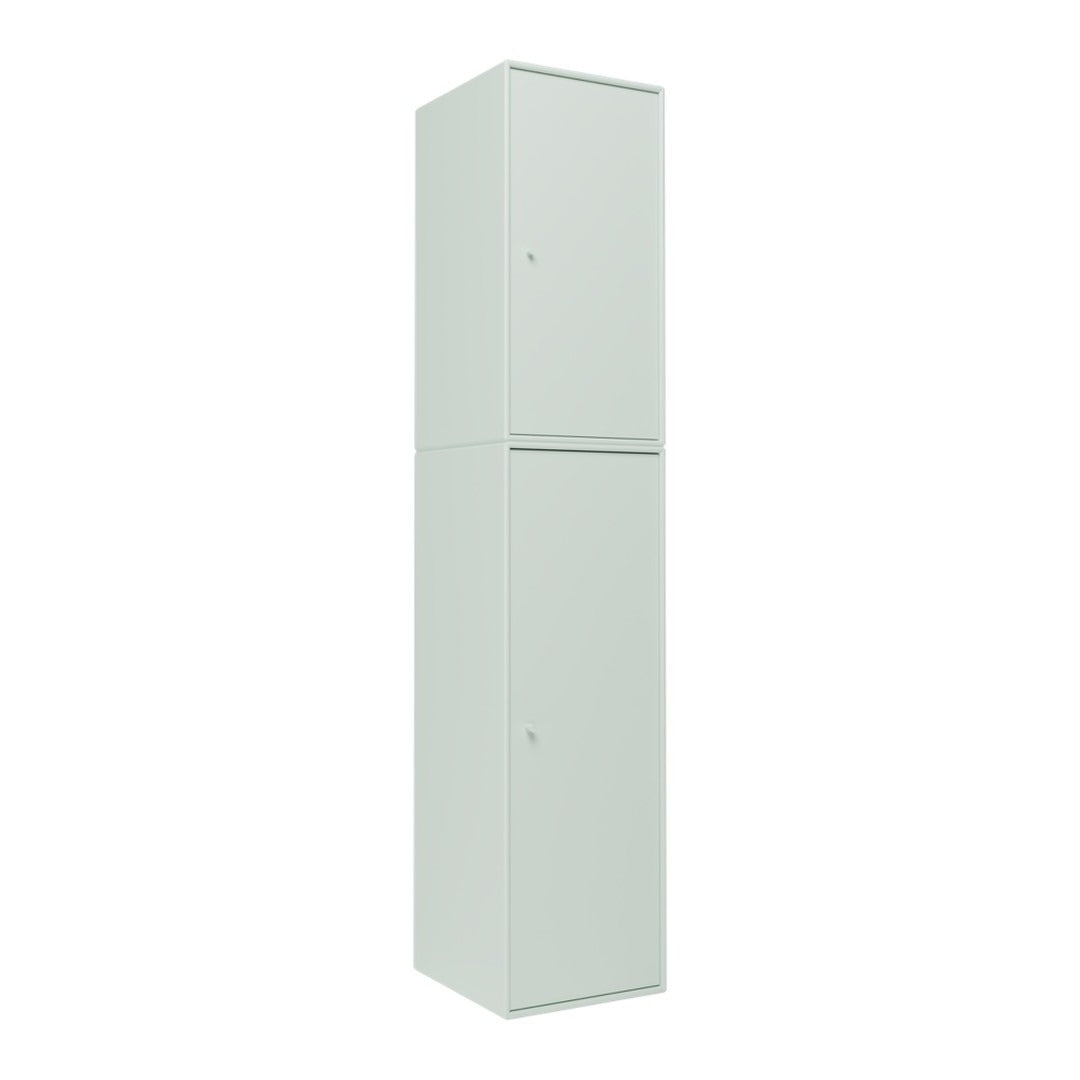 Tall, sleek storage cabinet in a soft, light gray finish with a minimalist design and smooth surface.