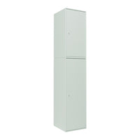 Tall, sleek storage cabinet in a soft, light gray finish with a minimalist design and smooth surface.