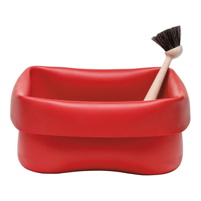 Red rectangular storage container with smooth finish and a wooden brush, featuring a minimalist design.