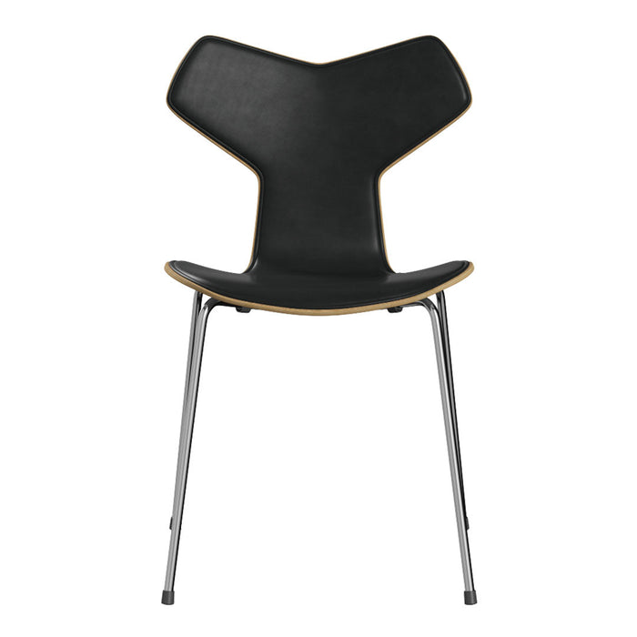 Black chair with a sleek, modern design, featuring a unique shape and contrasting wooden edge. Ideal for contemporary decor.