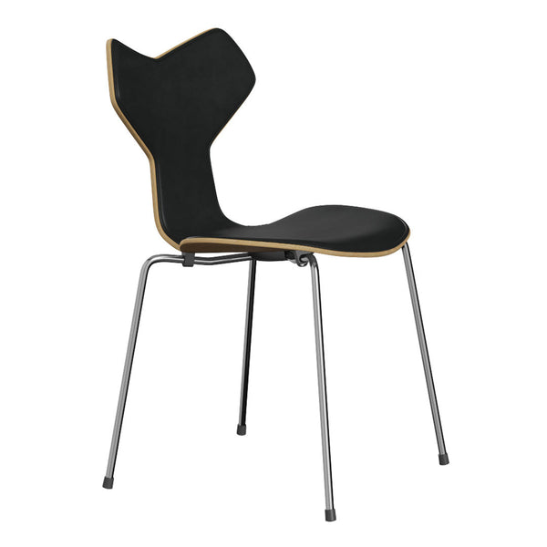 Black chair with unique silhouette and natural wood accents, featuring a smooth, minimalist design.