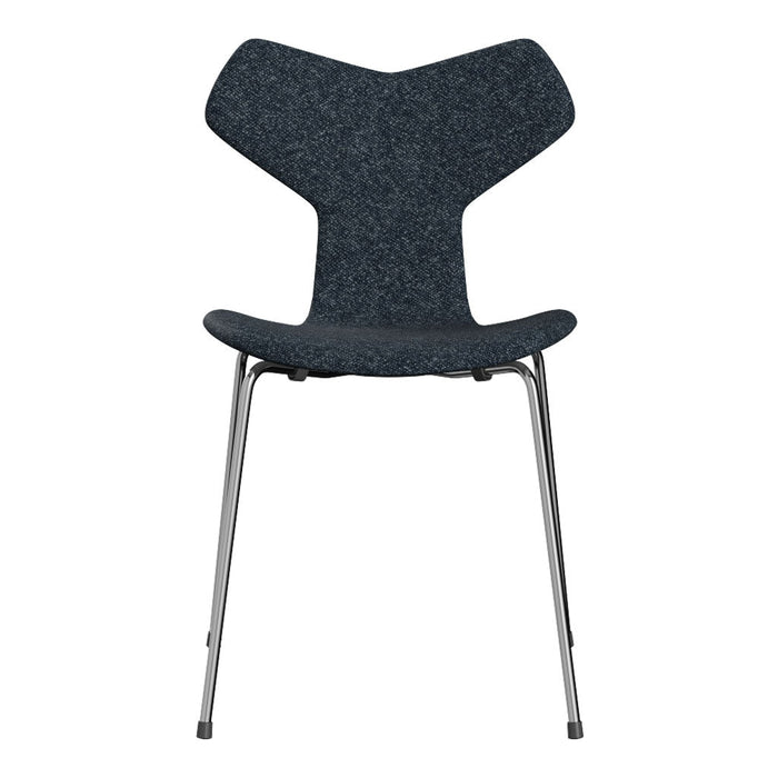 Modern chair with a sleek dark gray upholstered seat and shiny silver metal legs. Unique butterfly shape design.