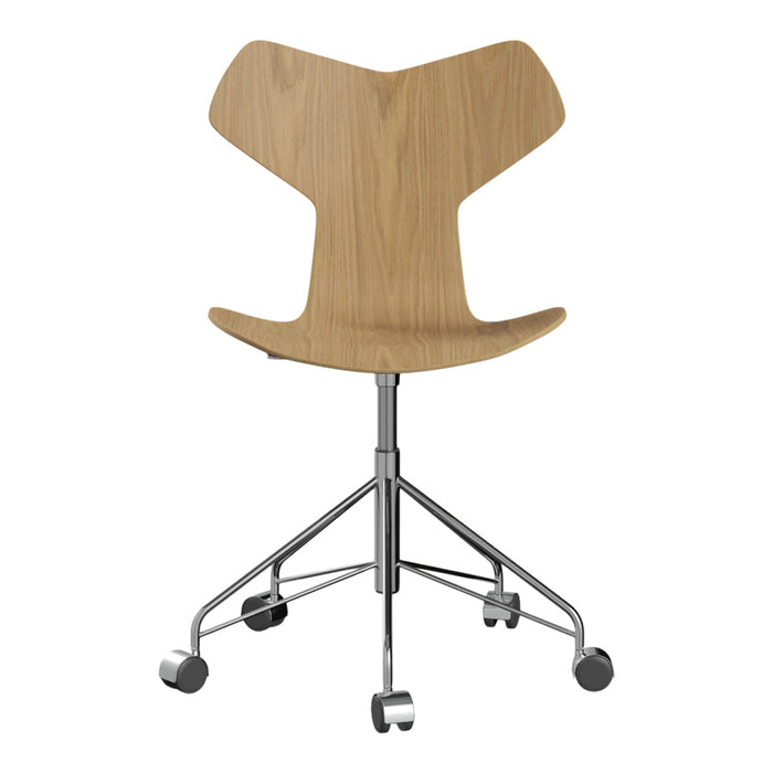 Light wood swivel chair with a sleek, chrome base and a unique, modern design. Ideal for contemporary spaces.