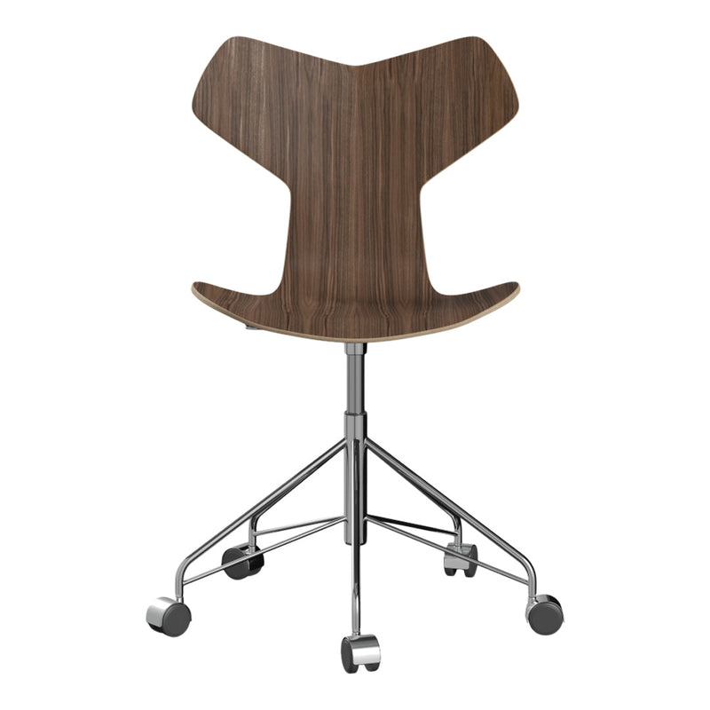 Brown wooden chair with a unique Y-shaped backrest and chrome legs, featuring a sleek modern design.
