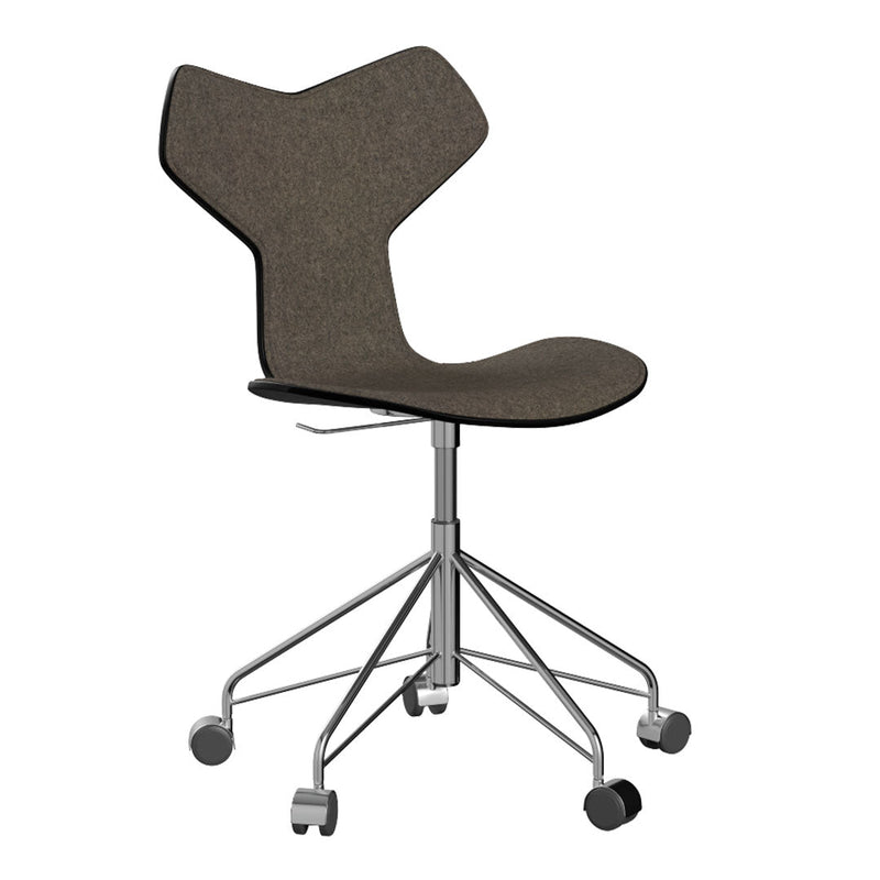Stylish gray fabric office chair with a unique Y-shaped back and a sleek chrome base on rolling wheels.