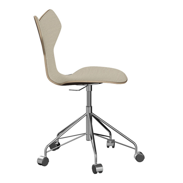 Beige ergonomic chair with a sleek design and wooden accent, featuring a chrome base and five rolling casters.