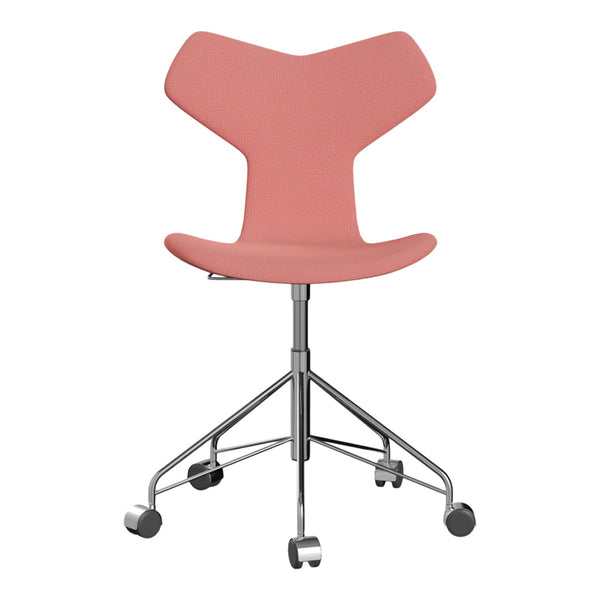 Pink ergonomic chair with a sleek design and a chrome base, featuring a minimalist modern pattern.