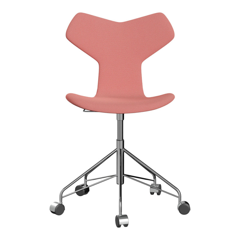 Pink ergonomic chair with a sleek design and a chrome base, featuring a minimalist modern pattern.