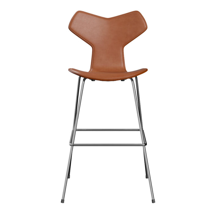 Brown leather bar stool with a contemporary, minimalist design and sleek silver metal legs.
