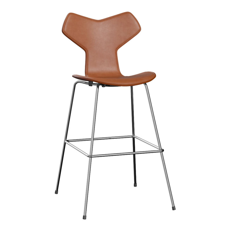 Brown leather bar stool with a unique Y-shaped backrest and sleek chrome legs. Modern and stylish design.
