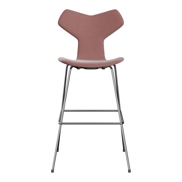 Modern bar stool in soft pink hue with sleek chrome legs, featuring a minimalist design and unique backrest shape.