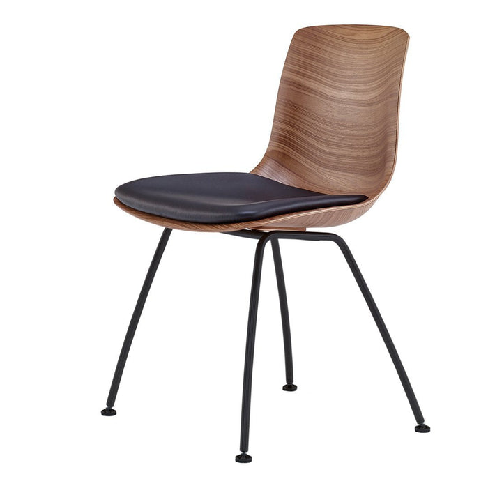Wooden chair with a natural finish and a sleek black seat, featuring minimalist design and chrome legs.