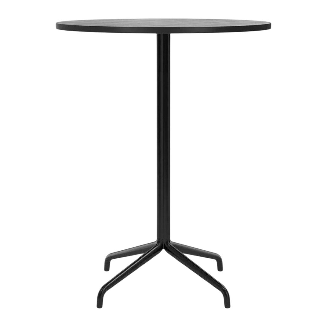Round black tabletop with a sleek black metal base, featuring a minimalist design. Perfect for modern settings.