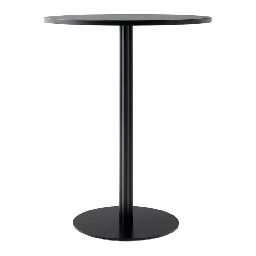 Black round bar table with a sleek, minimalist design and smooth surface, featuring a sturdy cylindrical base.