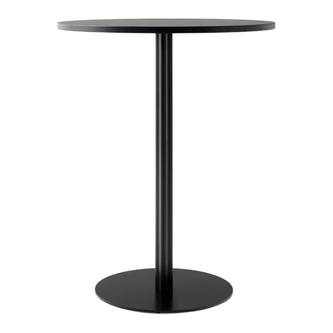 Sleek black round table with a smooth finish and minimalist design, perfect for modern spaces.