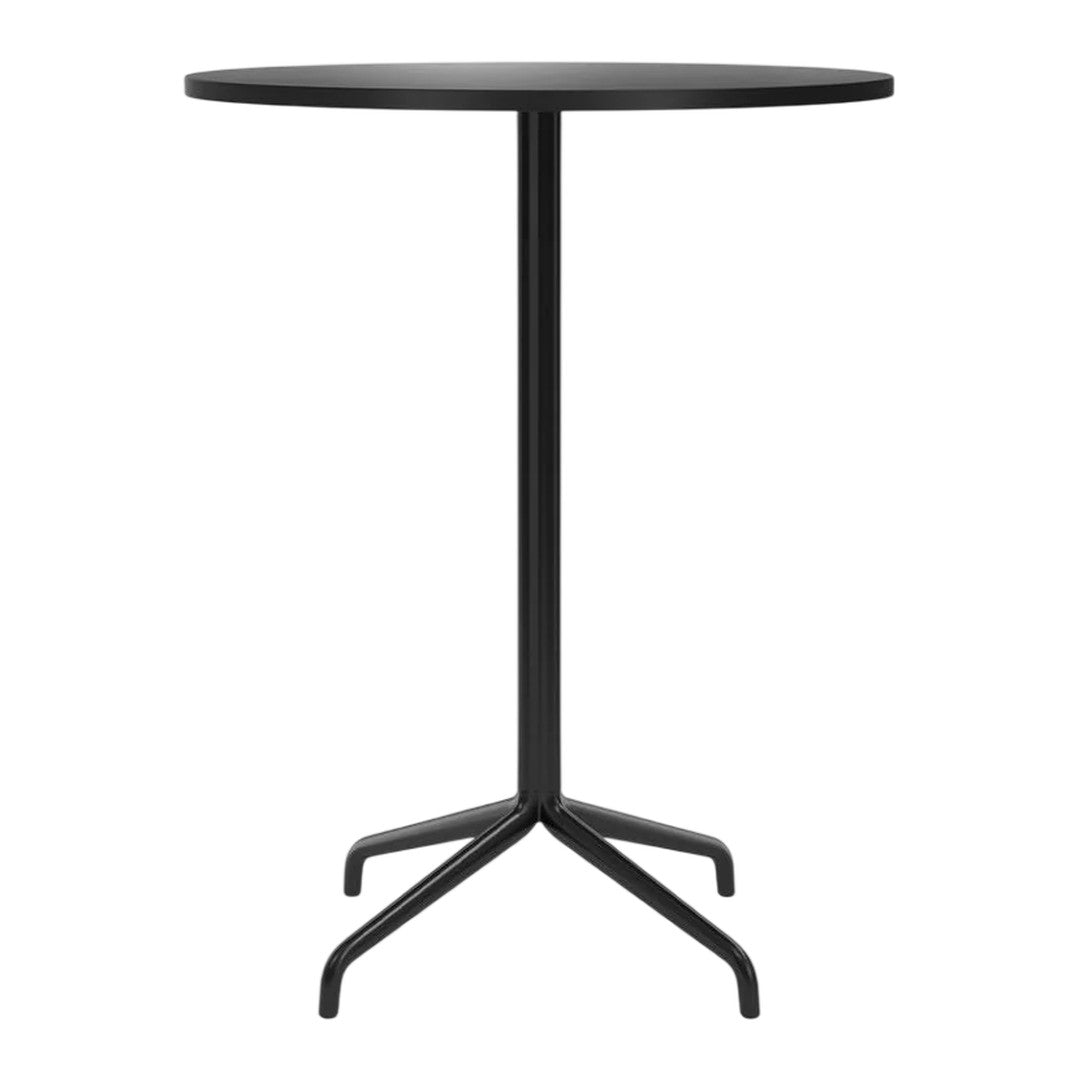 Black round table with a sleek, minimalist design and a sturdy base, perfect for modern decor.