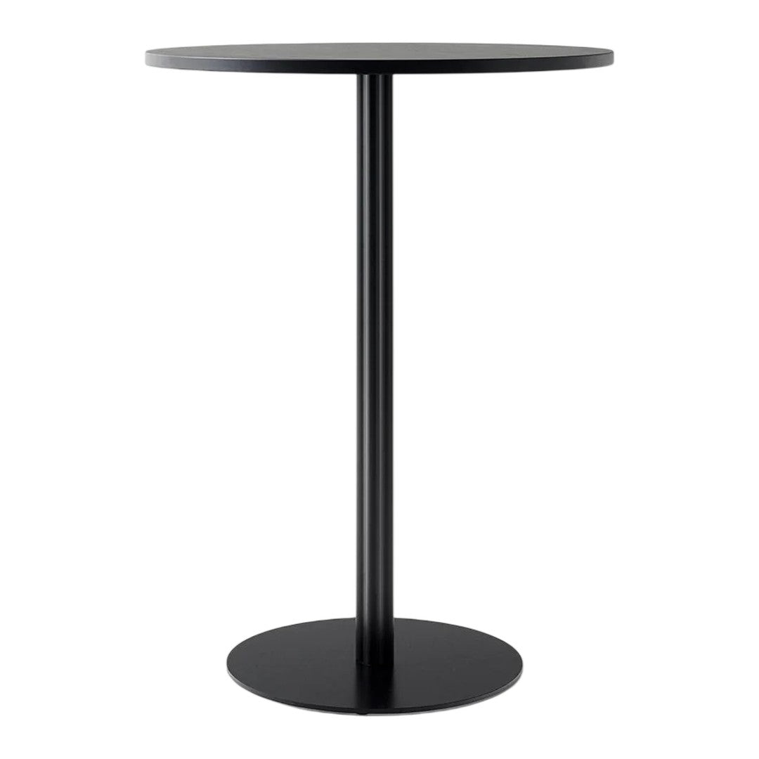 Black round top table with a sleek, minimalist design and sturdy cylindrical base. Perfect for modern decor.