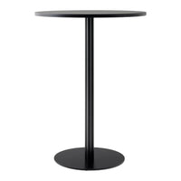 Black round top table with a sleek, minimalist design and sturdy cylindrical base. Perfect for modern decor.