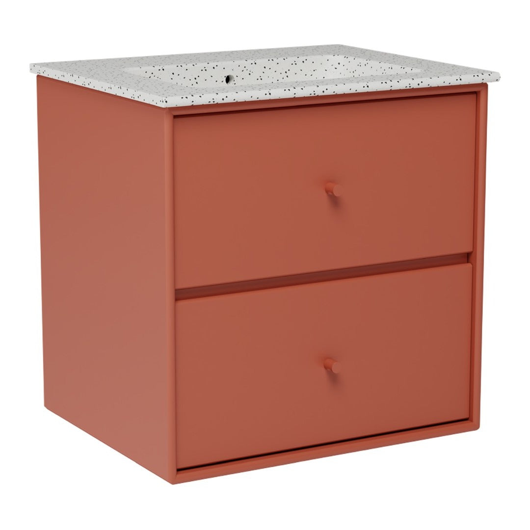 Terra-cotta cabinet with speckled white countertop and two neatly aligned drawers. Modern design with subtle patterns.