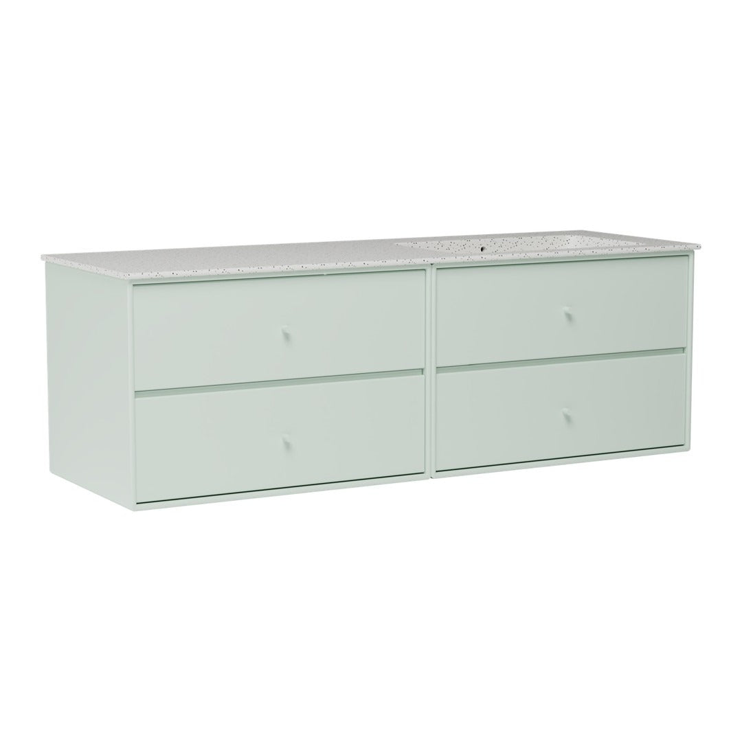 Soft green dresser with four spacious drawers and a sleek, minimalist design. Ideal for modern decor.