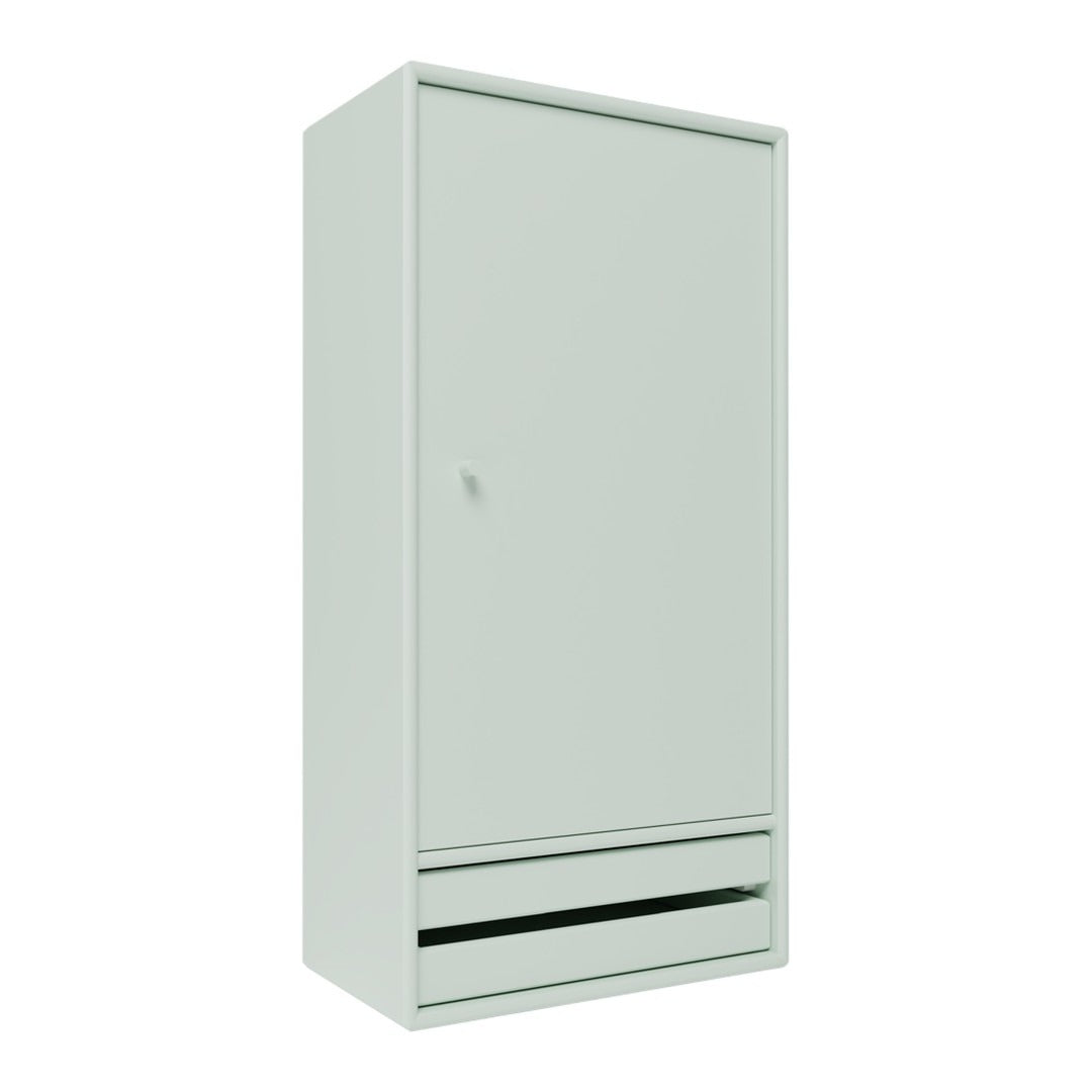 Light mint green wardrobe with a sleek, minimal design and a single door, featuring a bottom drawer.