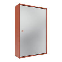 "Rust orange cabinet with a sleek, reflective silver door and a minimalistic design."