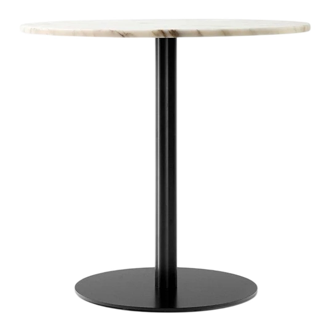Round marble top table with a black metal base, featuring a smooth, natural stone pattern and minimalist design.