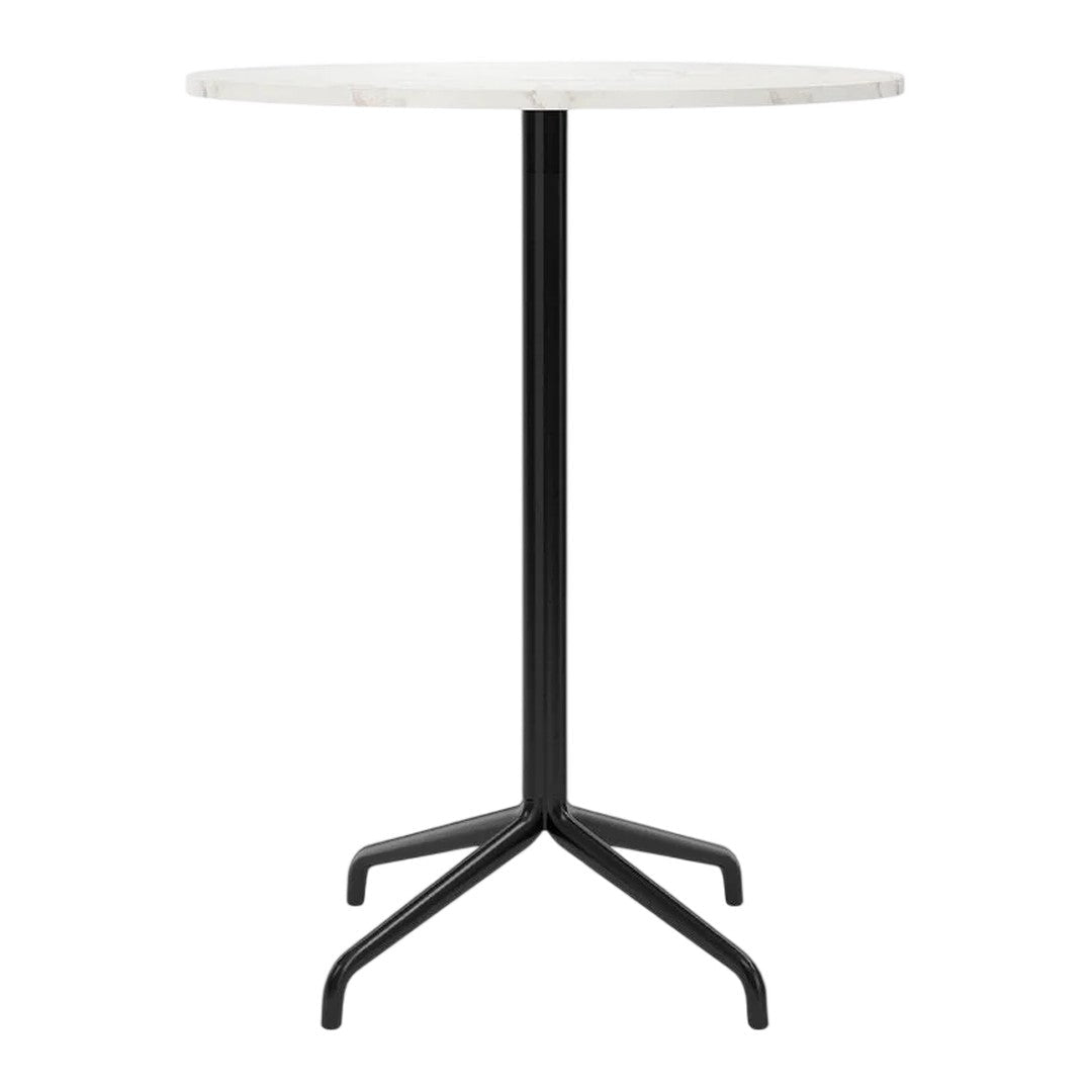 Round marble table with a sleek white top and minimalist black metal base, perfect for modern decor.