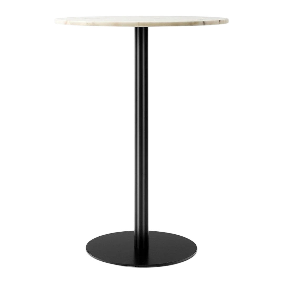 Round marble-top bar table with a sleek black base, showcasing a modern cream and black color scheme.