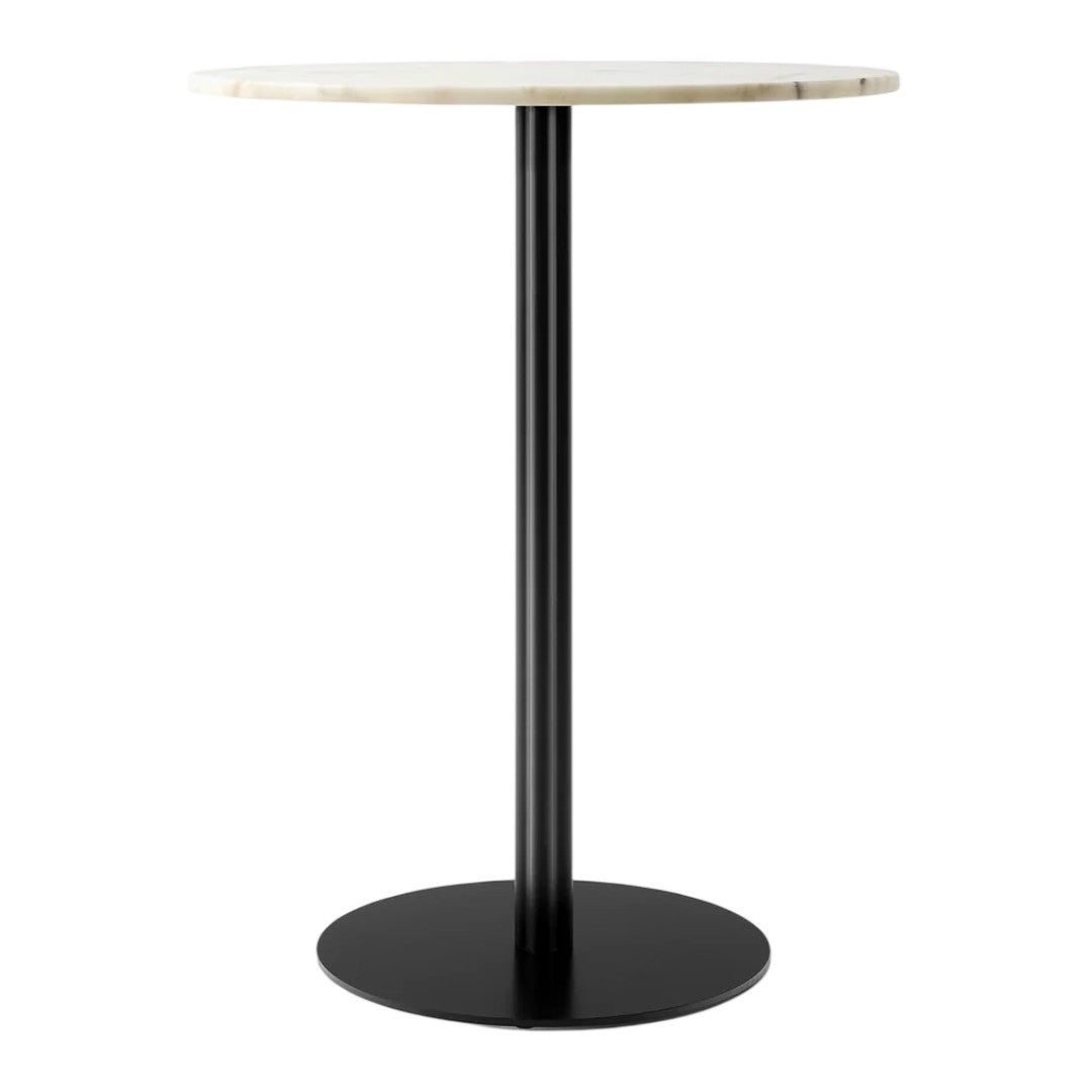 Round marble-top table with a creamy white surface and sleek black metal base. Modern and minimalistic design.