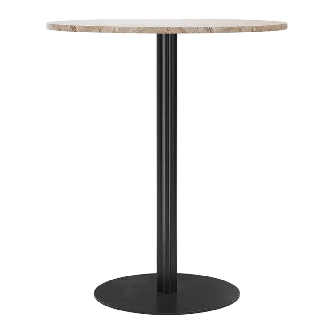 Round table with a light beige marble top and a sleek black metal base, perfect for modern decor.