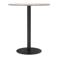 Round table with a light beige marble top and a sleek black metal base, perfect for modern decor.