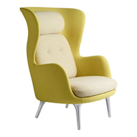 Yellow upholstered accent chair with a sleek design and light beige cushion, featuring subtle button detailing.