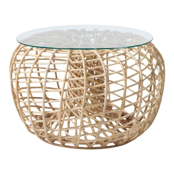 Natural woven rattan table base with a circular glass top, showcasing a light tan color and intricate crisscross pattern.