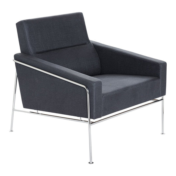 Modern dark gray armchair with clean lines and minimalist chrome legs, perfect for contemporary decor.