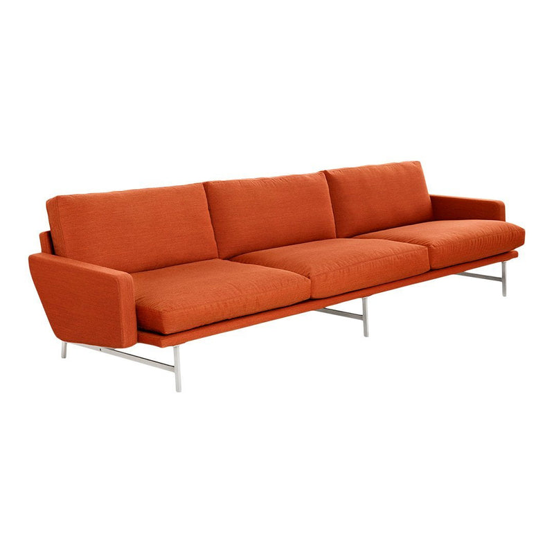 Modern orange sofa with clean lines and plush cushions, featuring a sleek silver frame for a contemporary look.