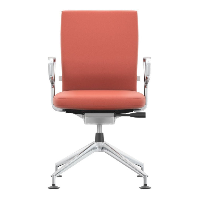 Coral-colored ergonomic chair with sleek chrome base and minimalist design, ideal for modern office spaces.