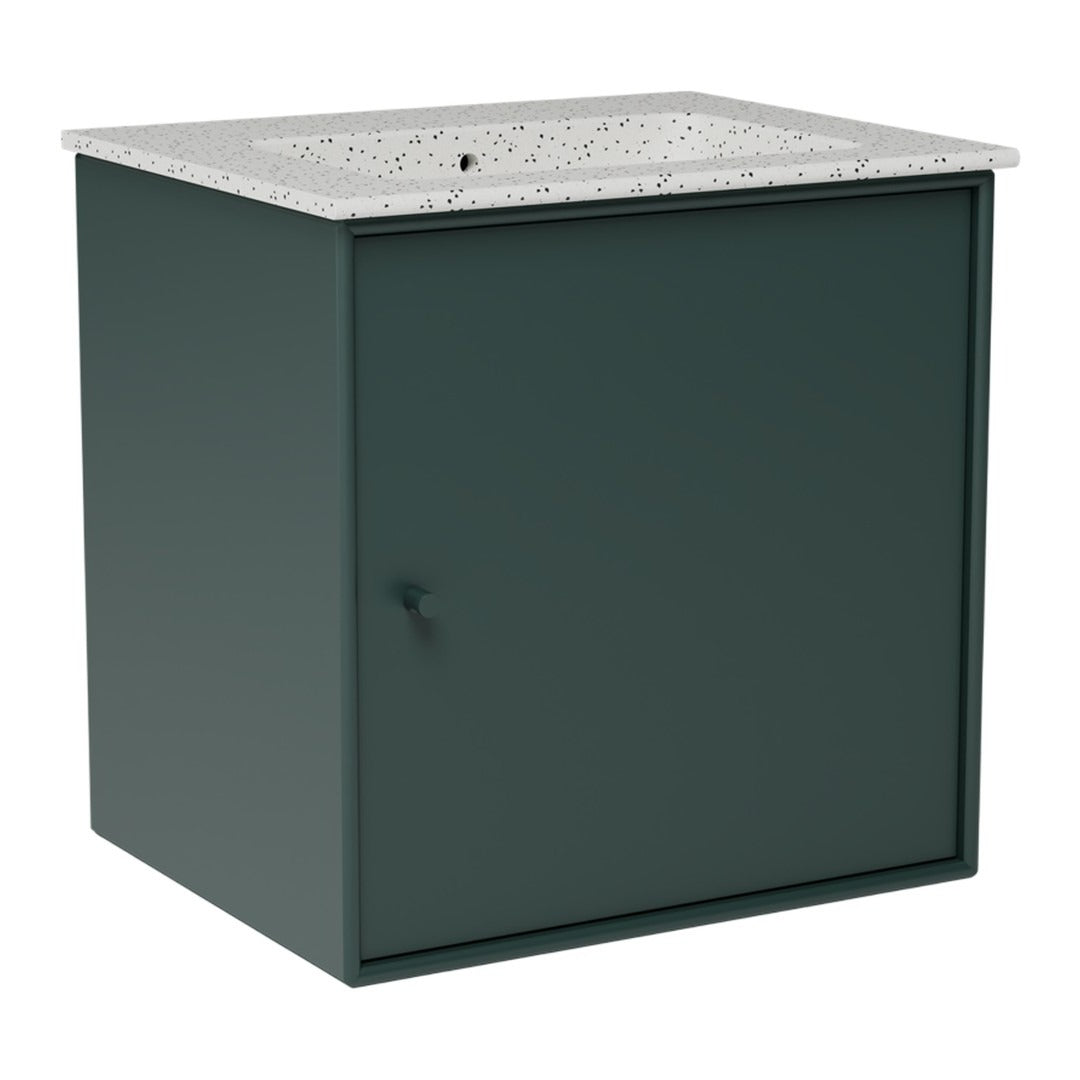 Dark green cabinet with a speckled white top. Minimalist design perfect for modern spaces.