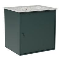 Dark green cabinet with a speckled white top. Minimalist design perfect for modern spaces.